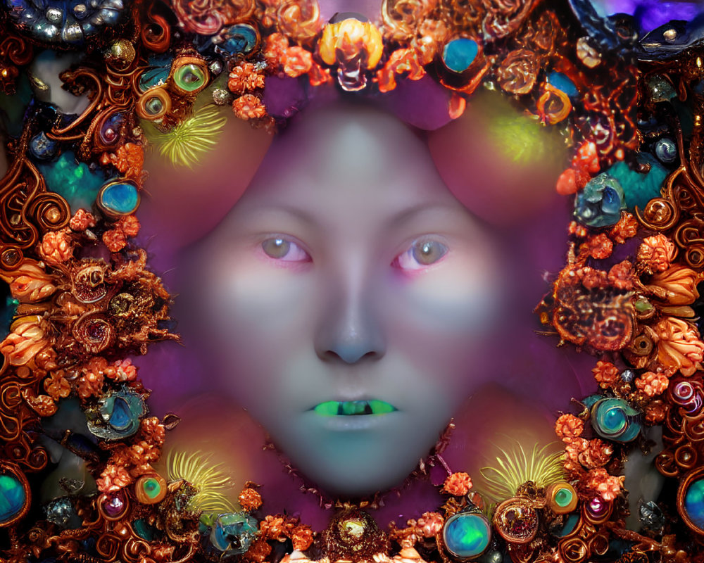 Colorful spectral face with ornate floral and marine elements in mystical setting