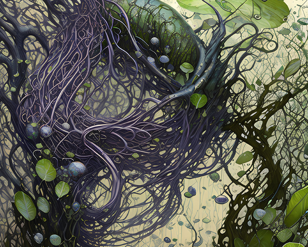 Detailed Illustration of Purple Roots and Green Lily Pads in Fantastical Scene