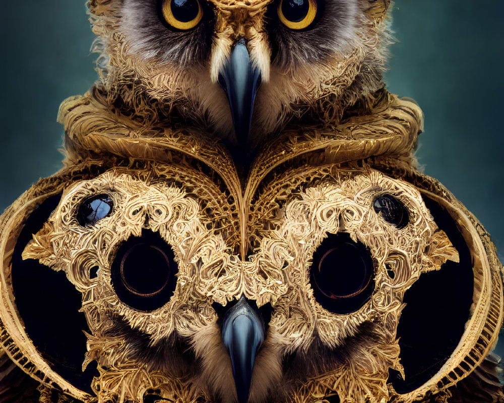 Detailed Owl Artwork with Golden Patterns and Majestic Feathers