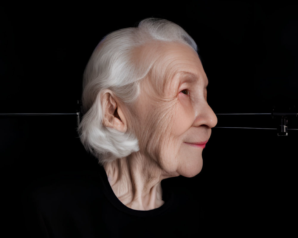 Elderly Woman with White Hair on Black Background