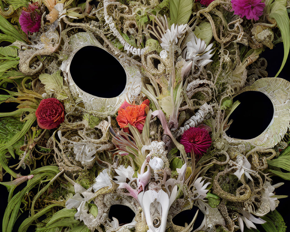 Intricate lacework mask with flowers, leaves, and feathers on black background