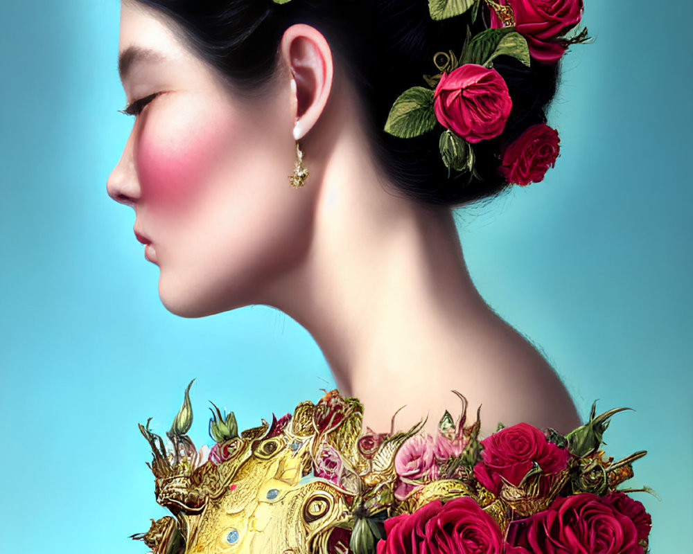 Woman with Elaborate Rose Adorned Hairstyle and Golden Floral Garment