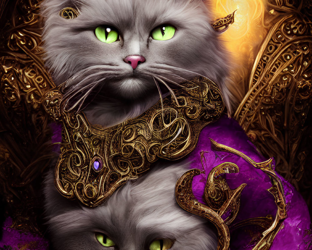 Regal fantasy illustration of two cats in golden crowns and purple robes