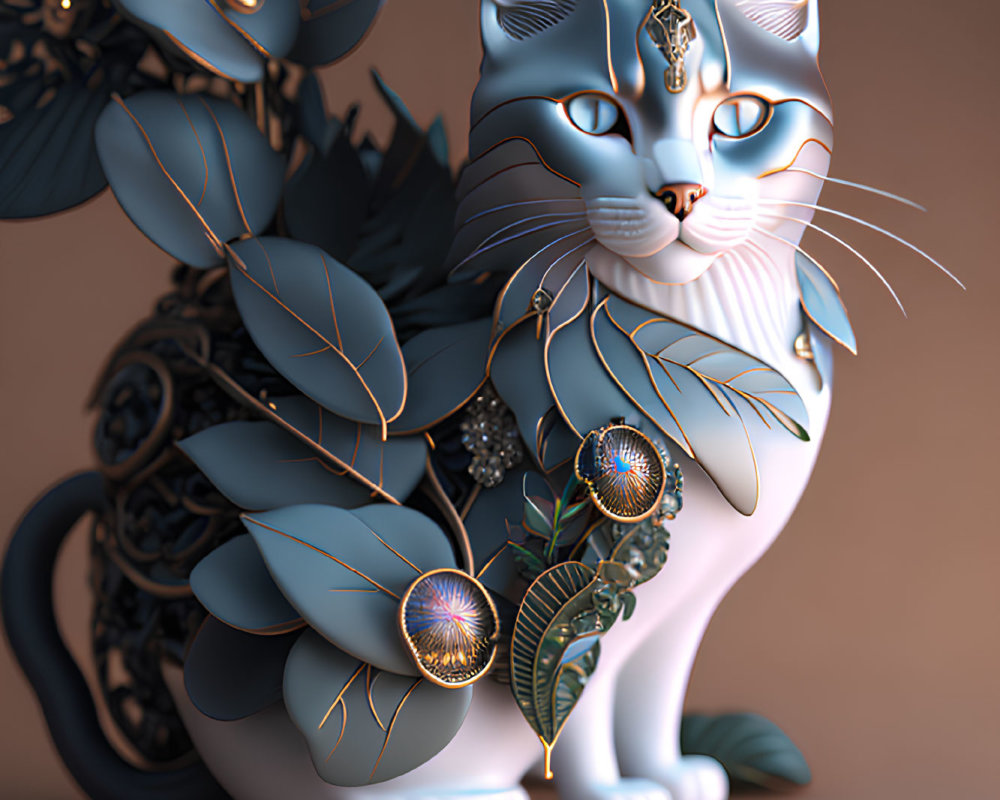 Decorative 3D Rendered Cat with Golden Floral Patterns and Jewelry