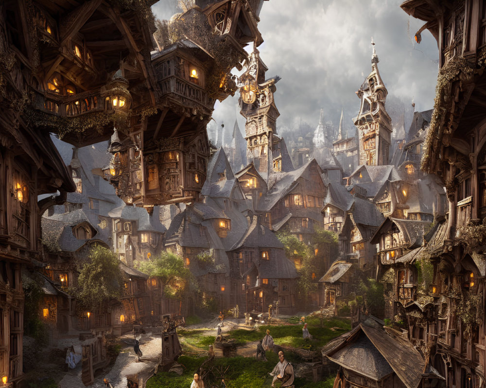 Medieval Fantasy Town with Ornate Wooden Buildings and Glowing Lanterns