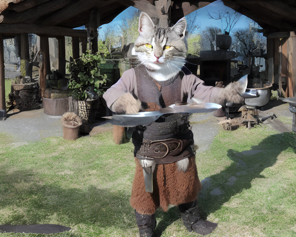 Cat with Humanoid Body as Blacksmith in Rustic Smithy Setting