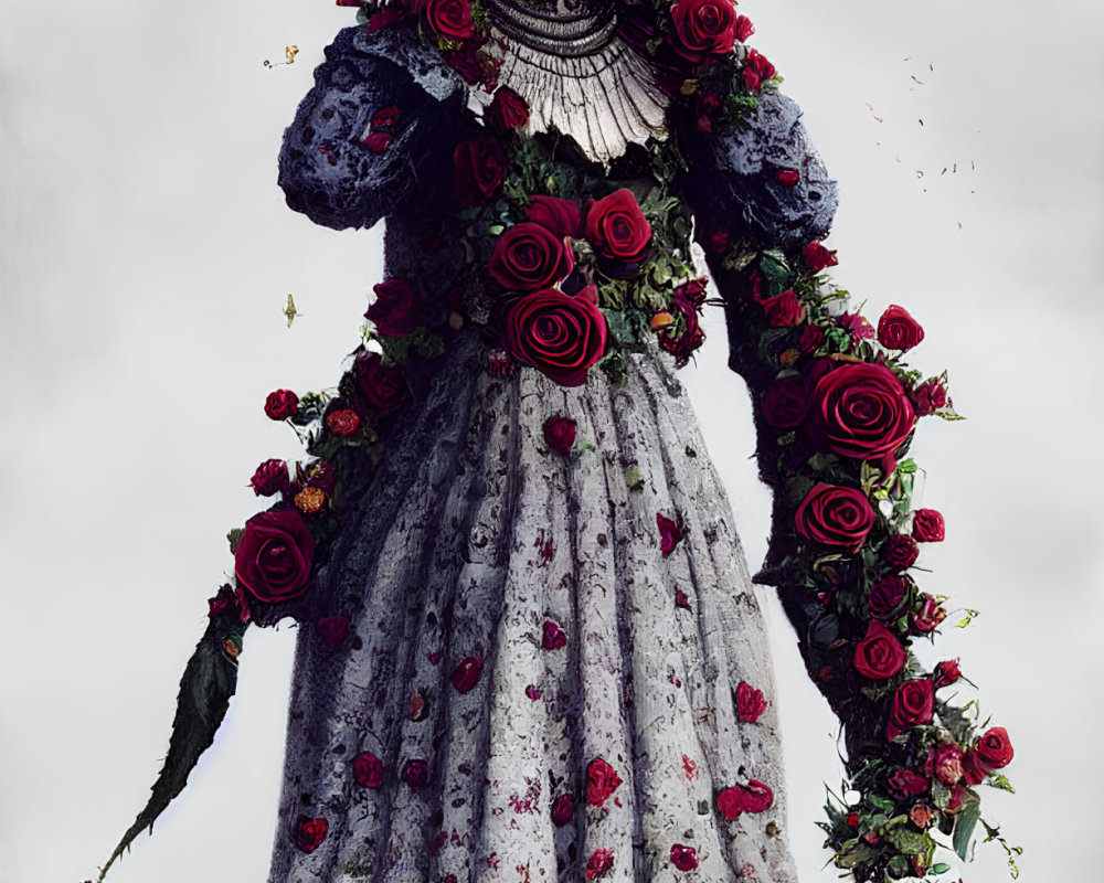 Woman in floral dress with roses and butterflies: Gothic fairy-tale vibe