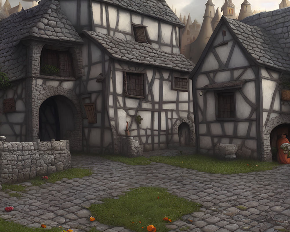 Medieval cobblestone street with half-timbered houses, pumpkins, and castle against