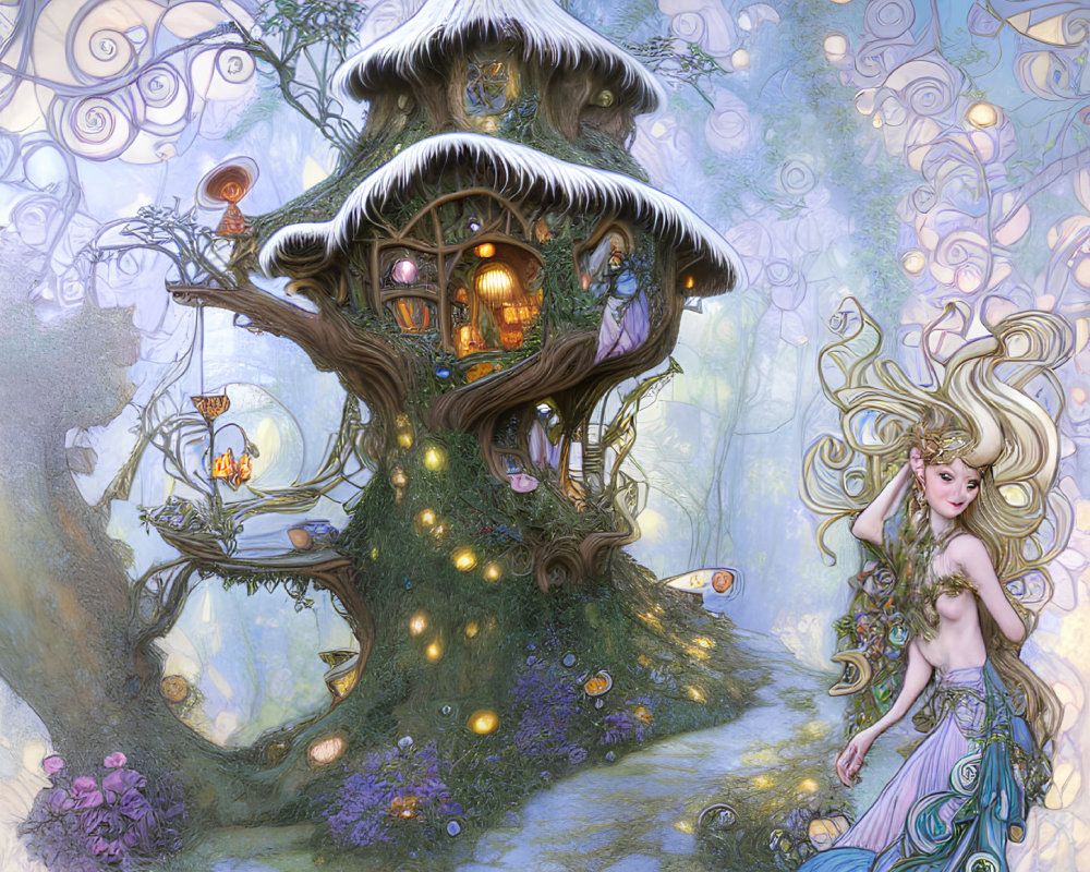 Enchanting female fairy with glowing treehouse in magical forest