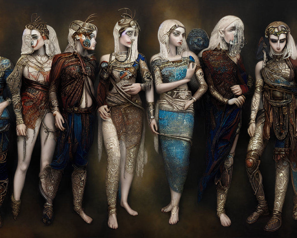 Eight Figures in Stylized Makeup and Fantasy Costumes Against Dark Background