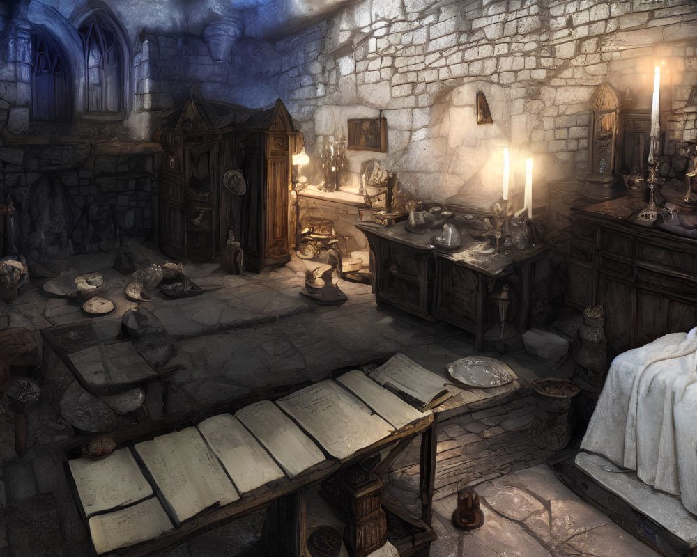 Medieval alchemist's study with candles, stone walls, wooden furniture, artifacts, books, and