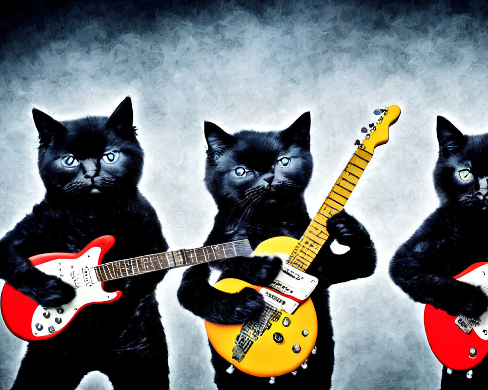 Three black cats with blue eyes playing electric guitars on grey backdrop