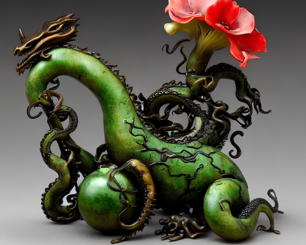 Intricate Green Dragon Sculpture with Red Flower on Grey Background