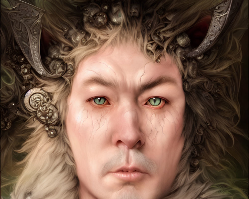 Fantastical image: Person with feline features, green eyes, ornate crown.