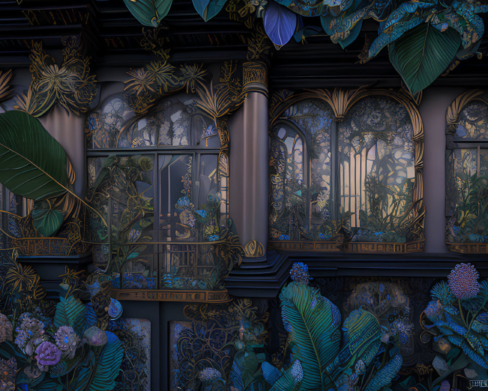 Victorian conservatory with lush foliage and intricate metalwork at twilight