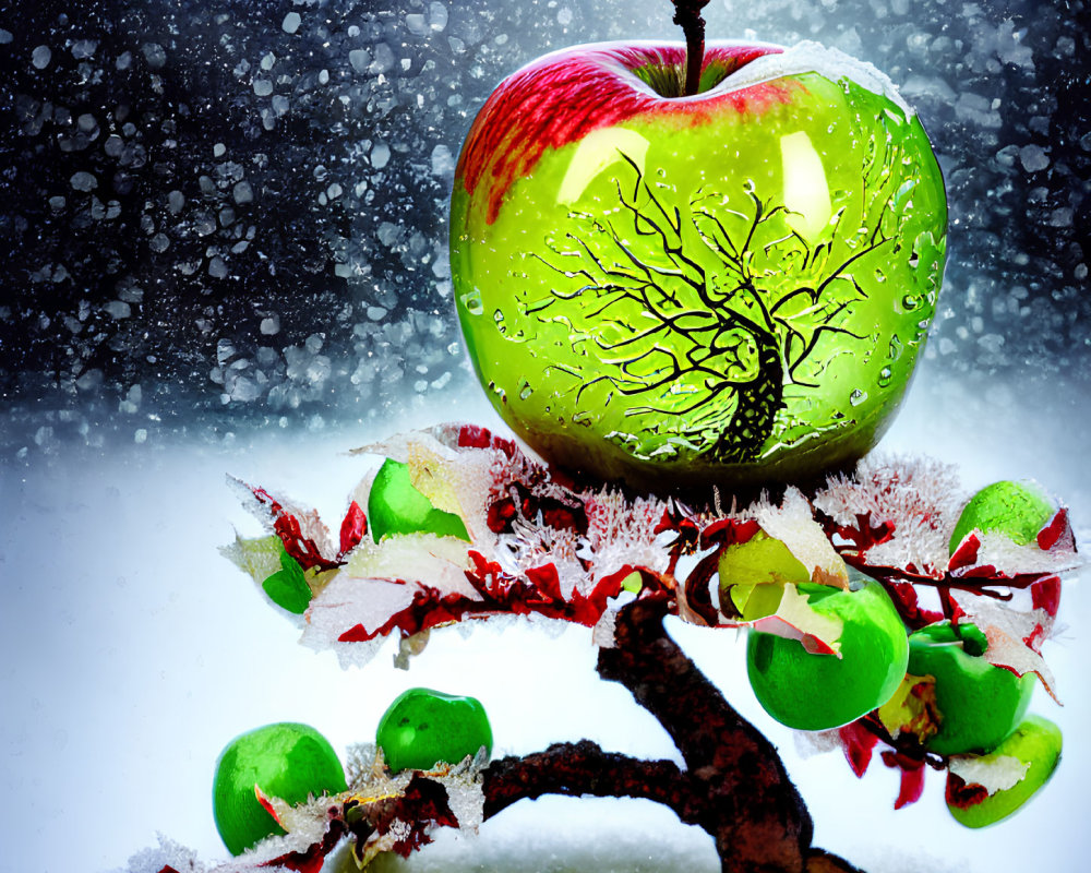 Green Apple with Tree Design on Snowy Branch and Falling Snowflakes