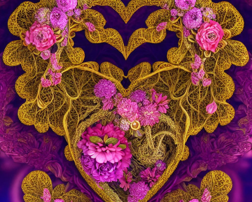 Symmetrical, colorful artwork with golden patterns and heart-shaped flowers on dark background