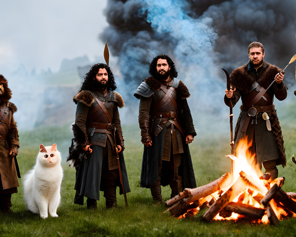 Medieval warriors with white cat by fire and hills