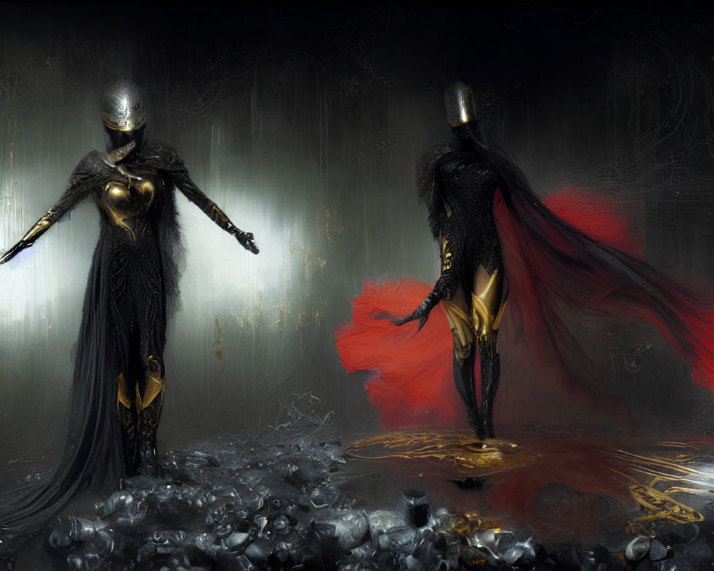 Futuristic warriors in black and gold armor with blue sword and red cape in dark room