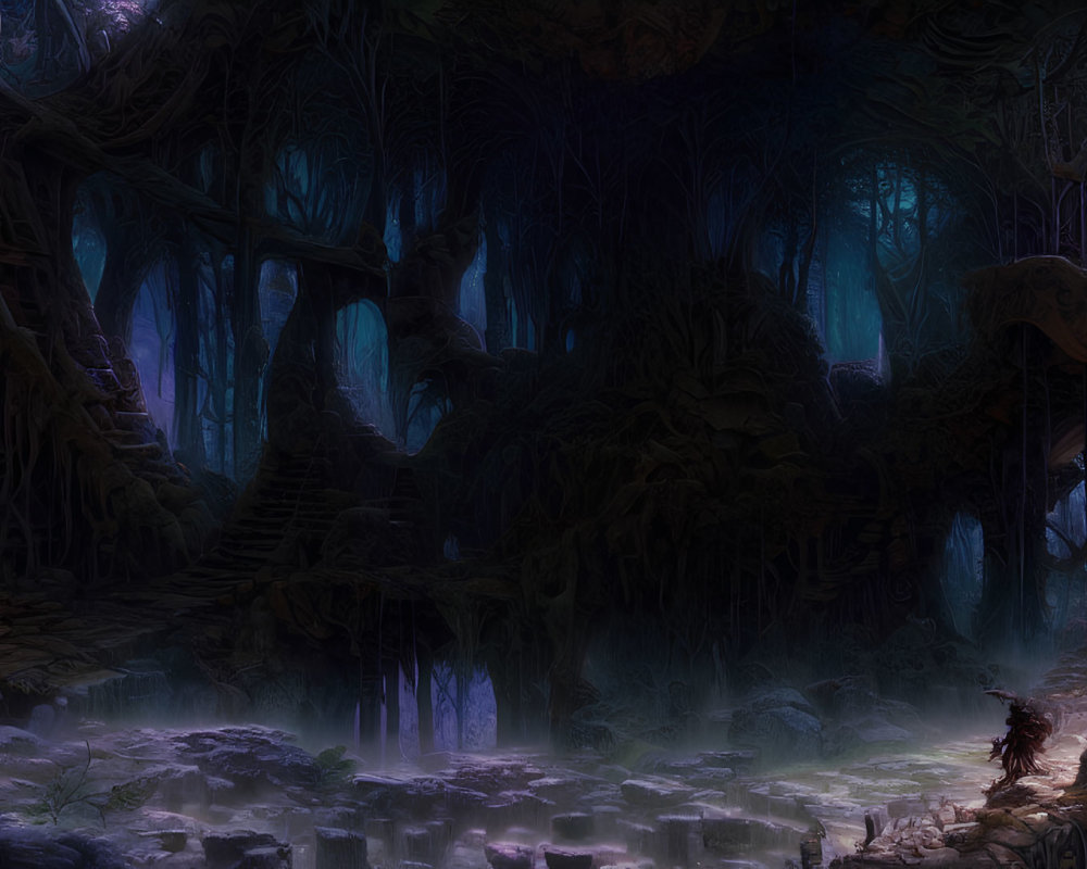 Mystical purple forest with enchanted trees and cloaked figure