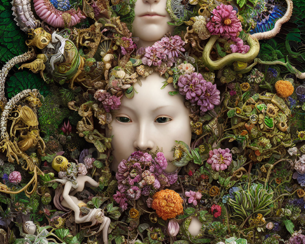 Detailed Digital Artwork: Serene Faces Amid Lush Flora & Fauna