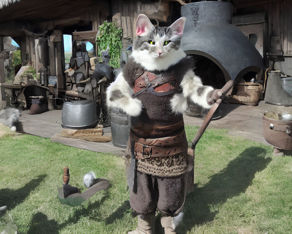 Cat in medieval blacksmith attire with anvil, hammer, and forge.