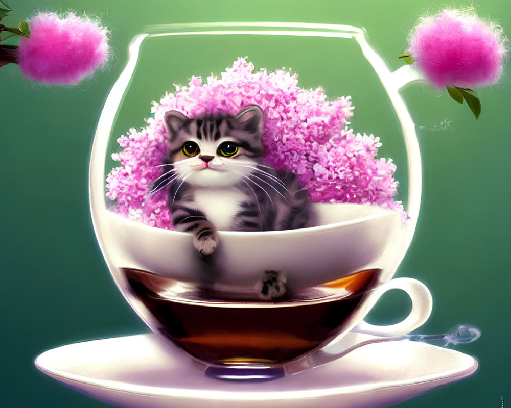 Grey and White Cat in Teacup with Pink Flowers Illustration