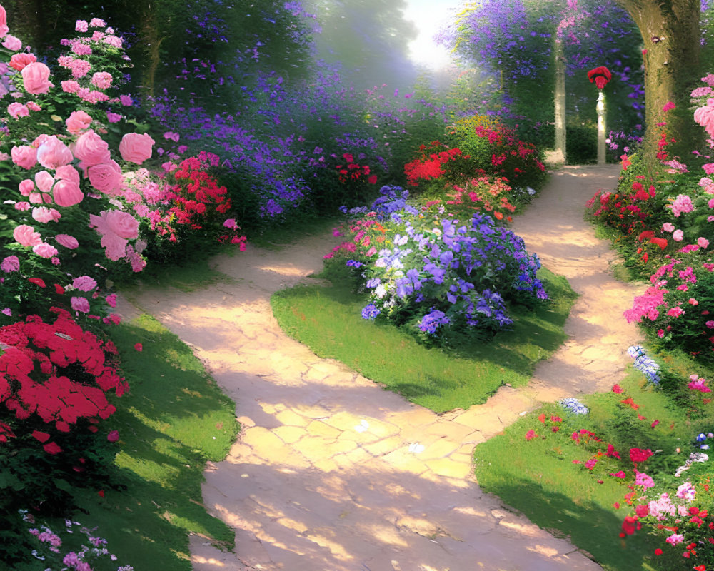 Tranquil garden path with vibrant pink, red, and violet flowers under dappled sunlight