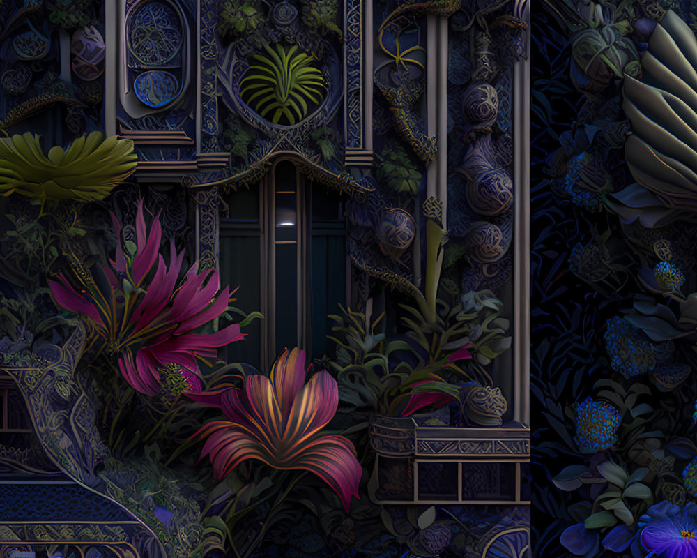 Intricate dark illustration of lush flora and ornate architecture in deep purples and blues