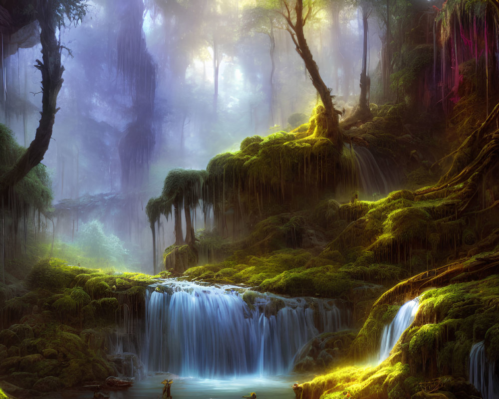 Tranquil forest with vibrant flora, waterfalls, and ethereal light