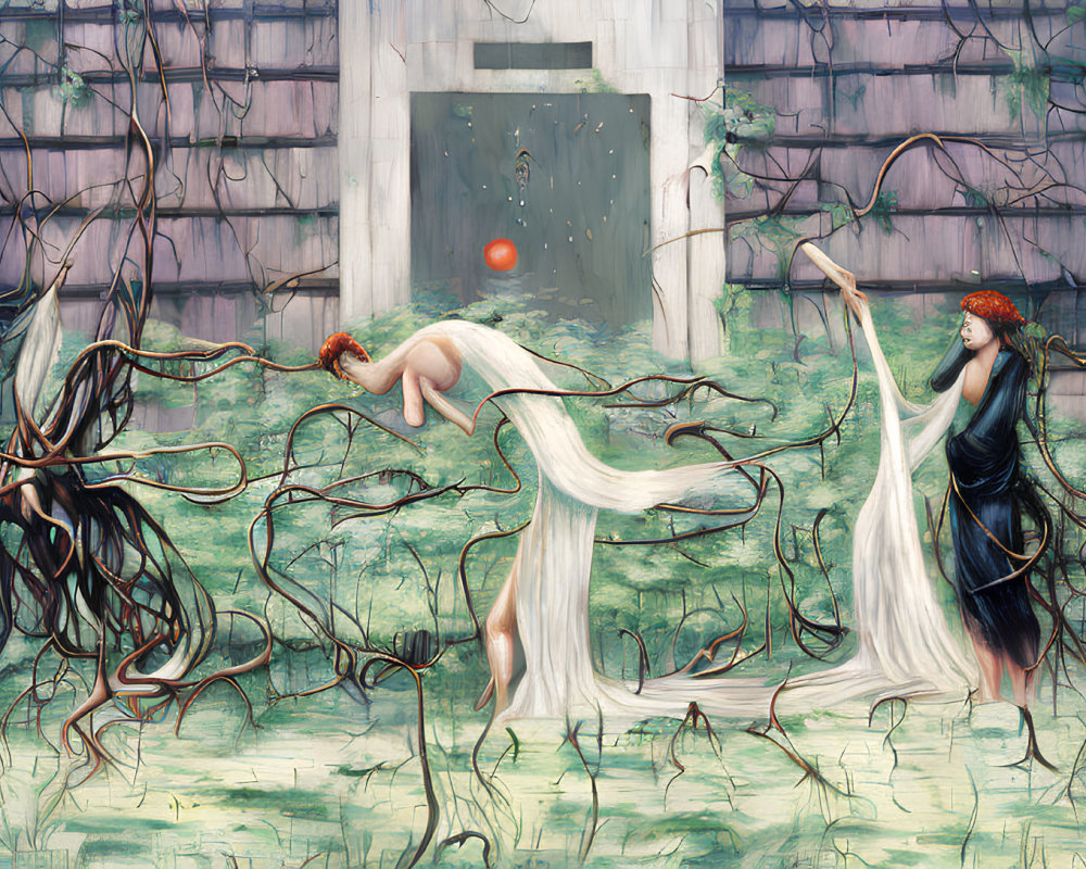 Ethereal figures in white garments entangled by vine-like tendrils amid surreal setting