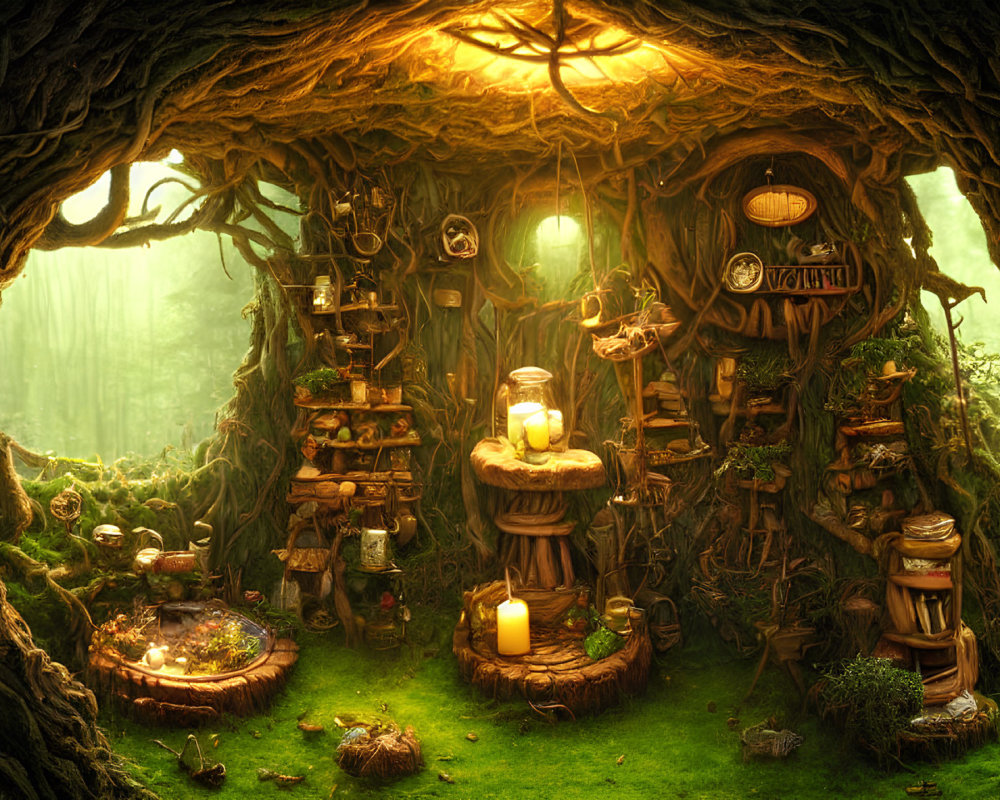 Magical forest interior with cozy candlelit nook and mystical decor