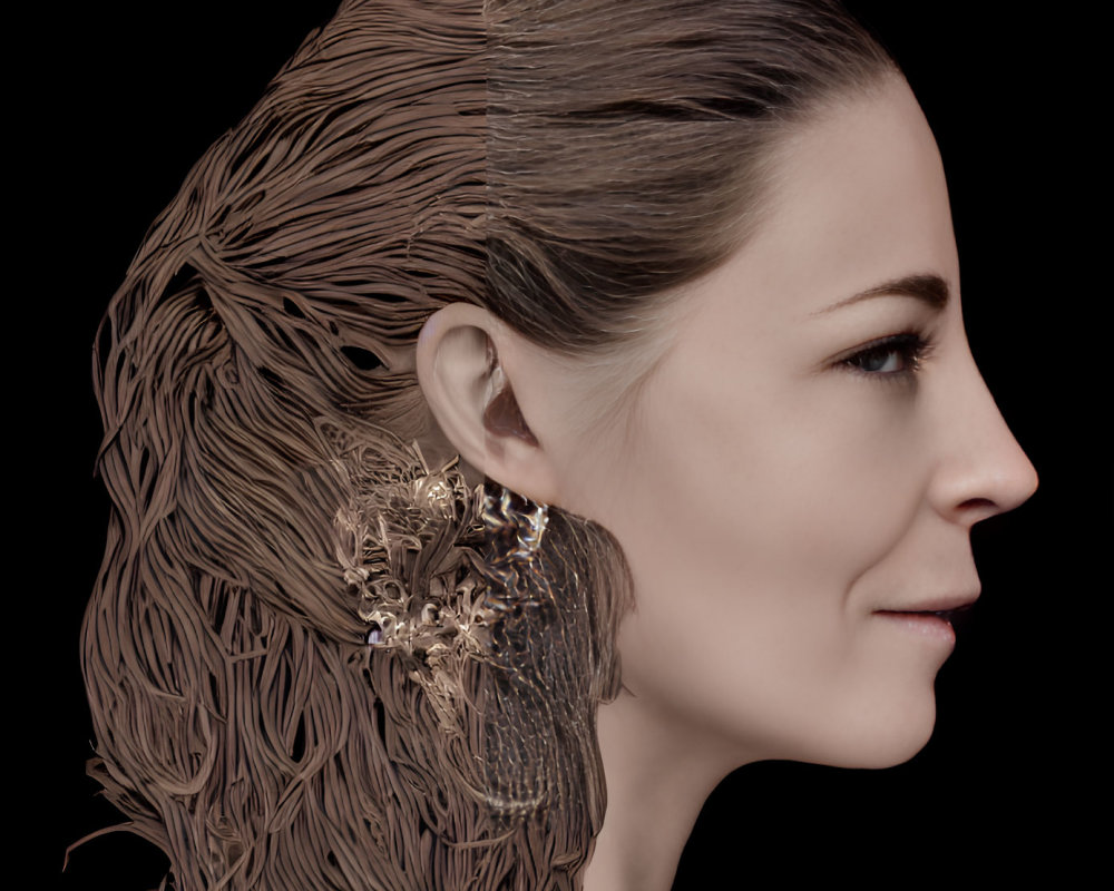 Woman with Brown Hair and Metal Earring on Black Background