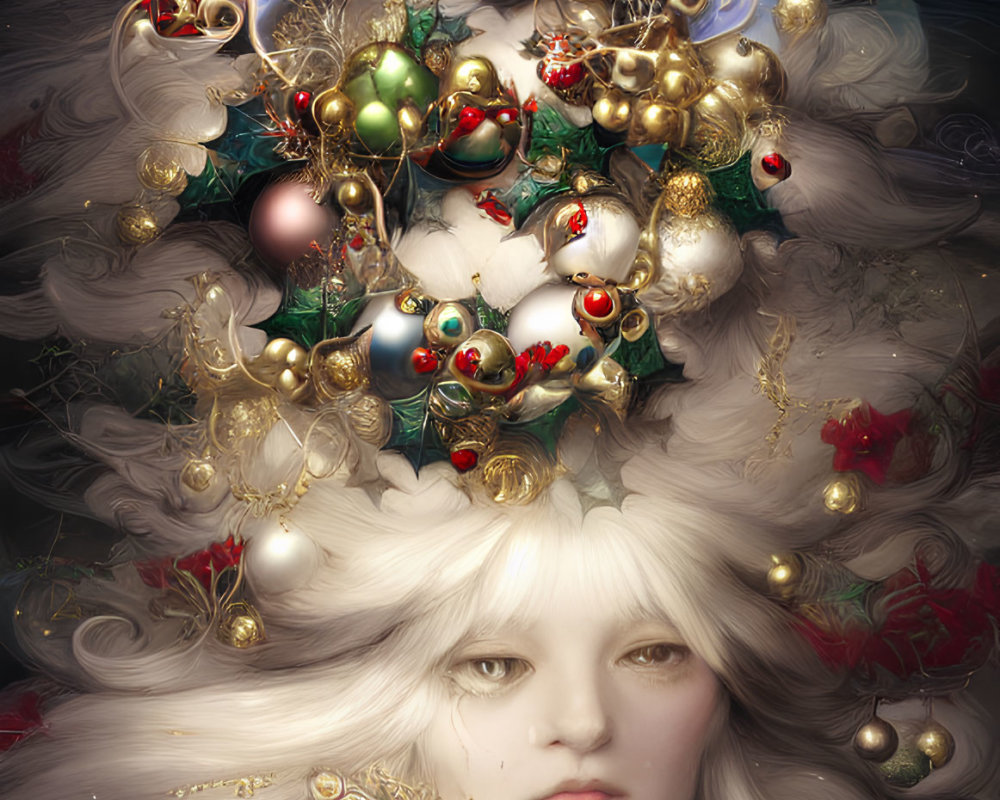 Pale-skinned ethereal being with white hair and festive headdress.