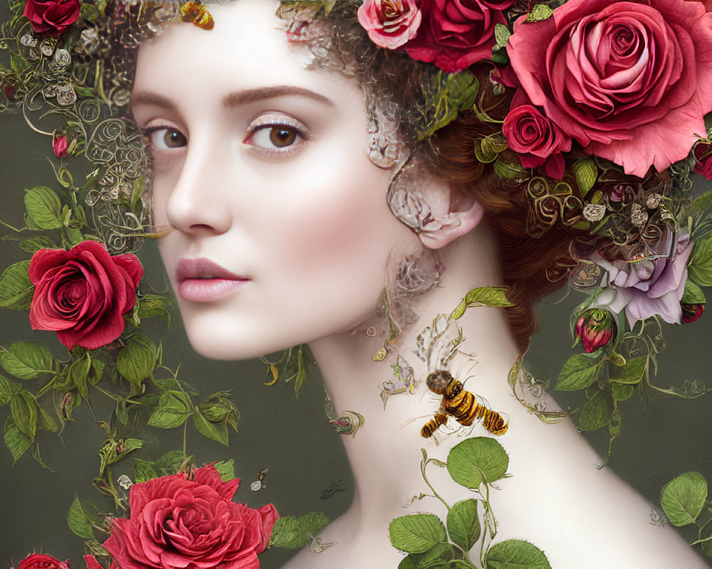 Portrait of Woman with Rose Wreath and Bee on Green Background