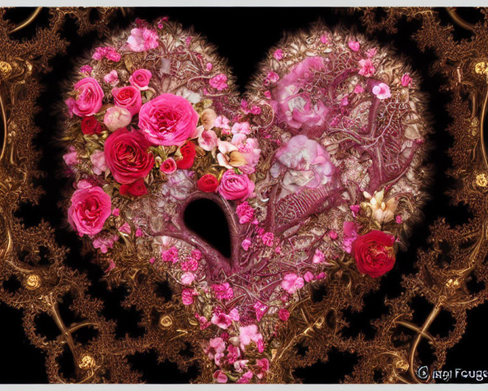 Heart-shaped pink and red flower collage with golden fractal patterns on black background