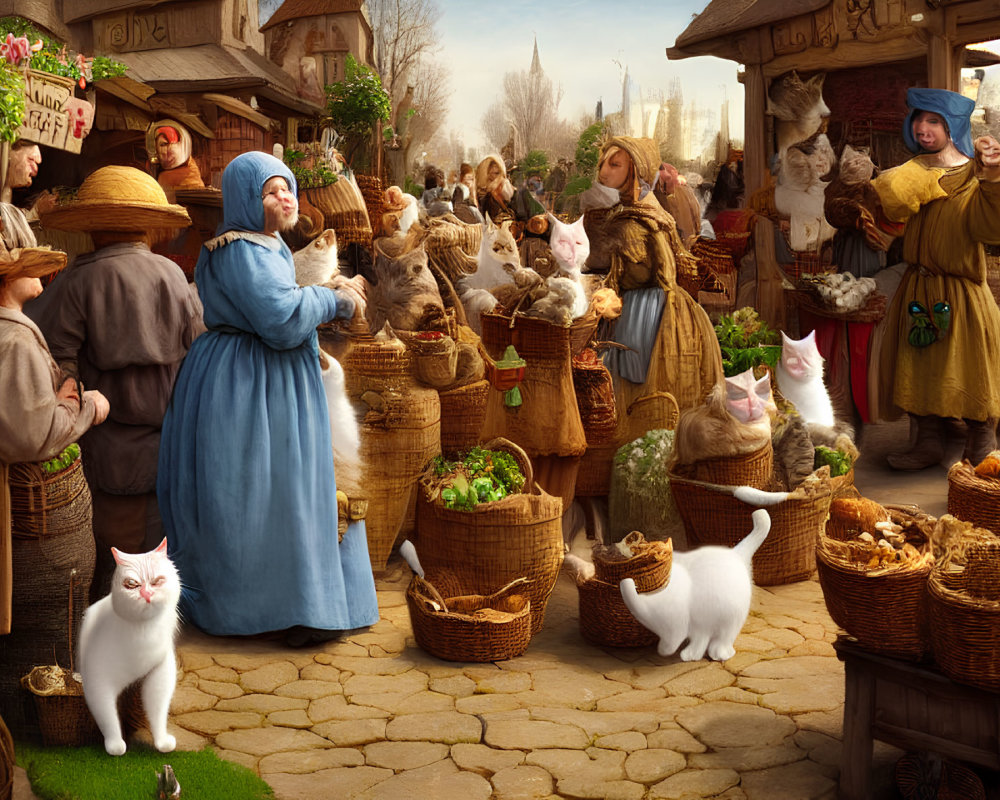 Medieval marketplace scene with anthropomorphic cats, vendors, customers, and roaming chickens.