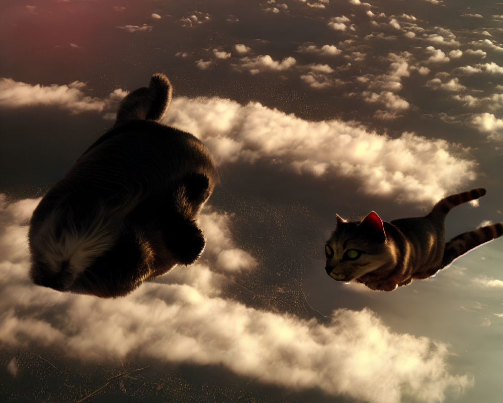 Two cats flying above clouds at sunset with one wearing a red scarf