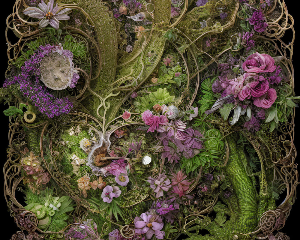 Detailed artwork of plants, flowers, and organic patterns in lush tapestry