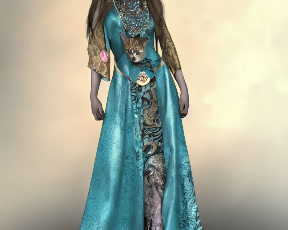 Regal Figure in Ornate Turquoise Gown and Crown-like Headpiece