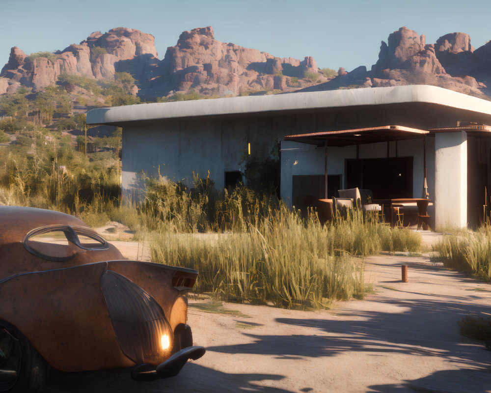 Vintage car outside modern desert home with rugged mountains.