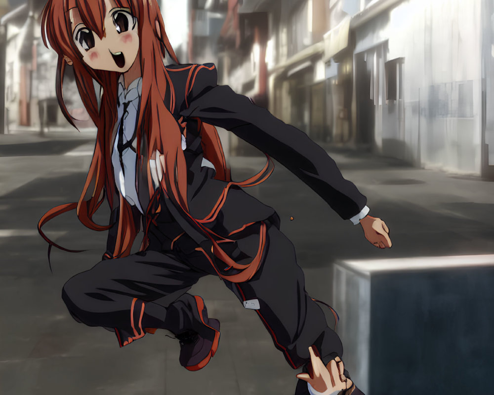 Anime girl with auburn hair in black and orange uniform leaps in urban scene