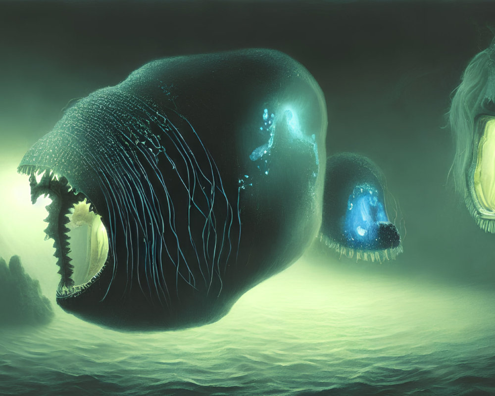 Colossal whale-like creatures with glowing mouths in surreal green mist