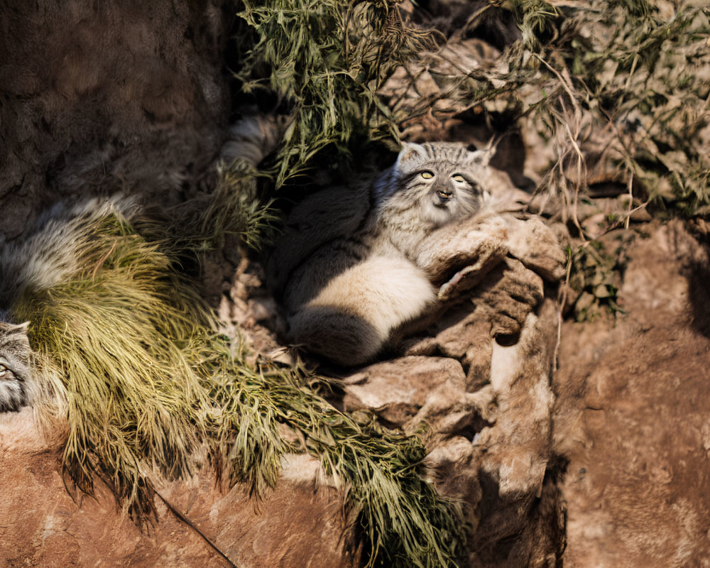 Two Pallas's Cats Resting on Rocky Ledge Under Bright Sunlight