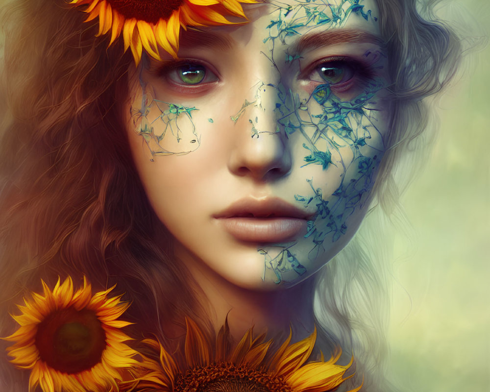 Digital Artwork: Woman with Sunflowers in Hair & Blue Vines on Face