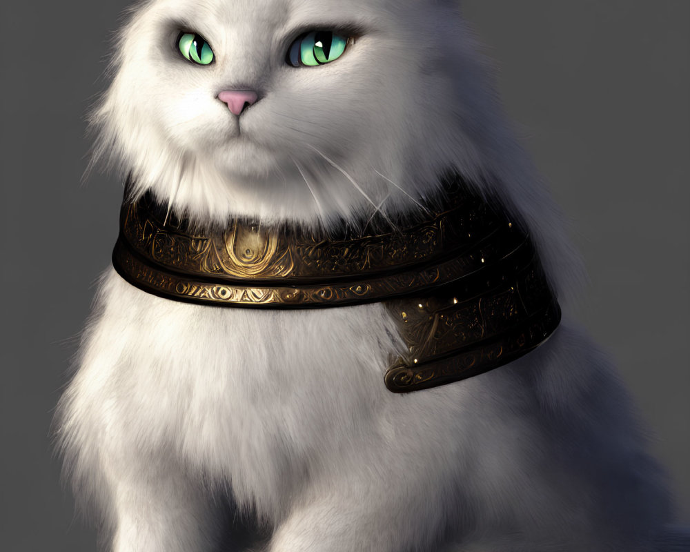 White Fluffy Cat with Green Eyes and Golden Collar