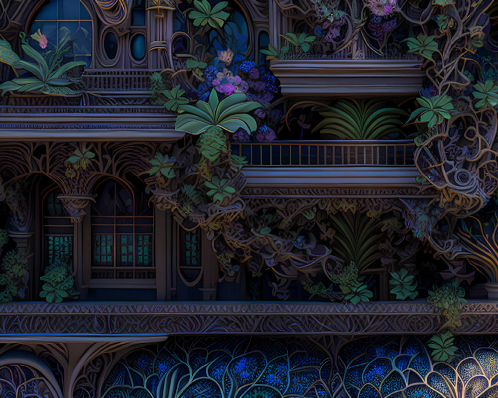 Fantasy digital artwork of intricate structure with vines and flowers on dark background