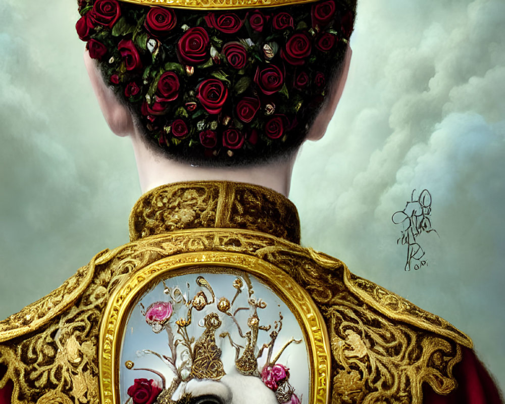 Surreal portrait with person wearing rose crown and deer face in regal cape