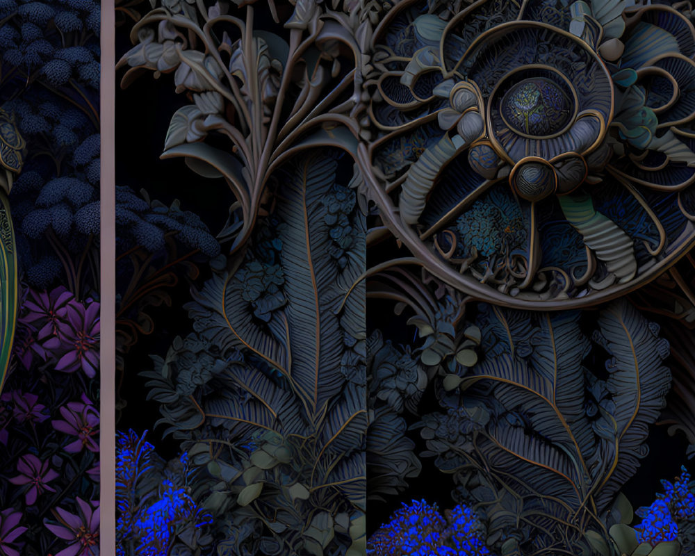 Detailed digital artwork: Intricate floral designs in blue and violet hues on dark background