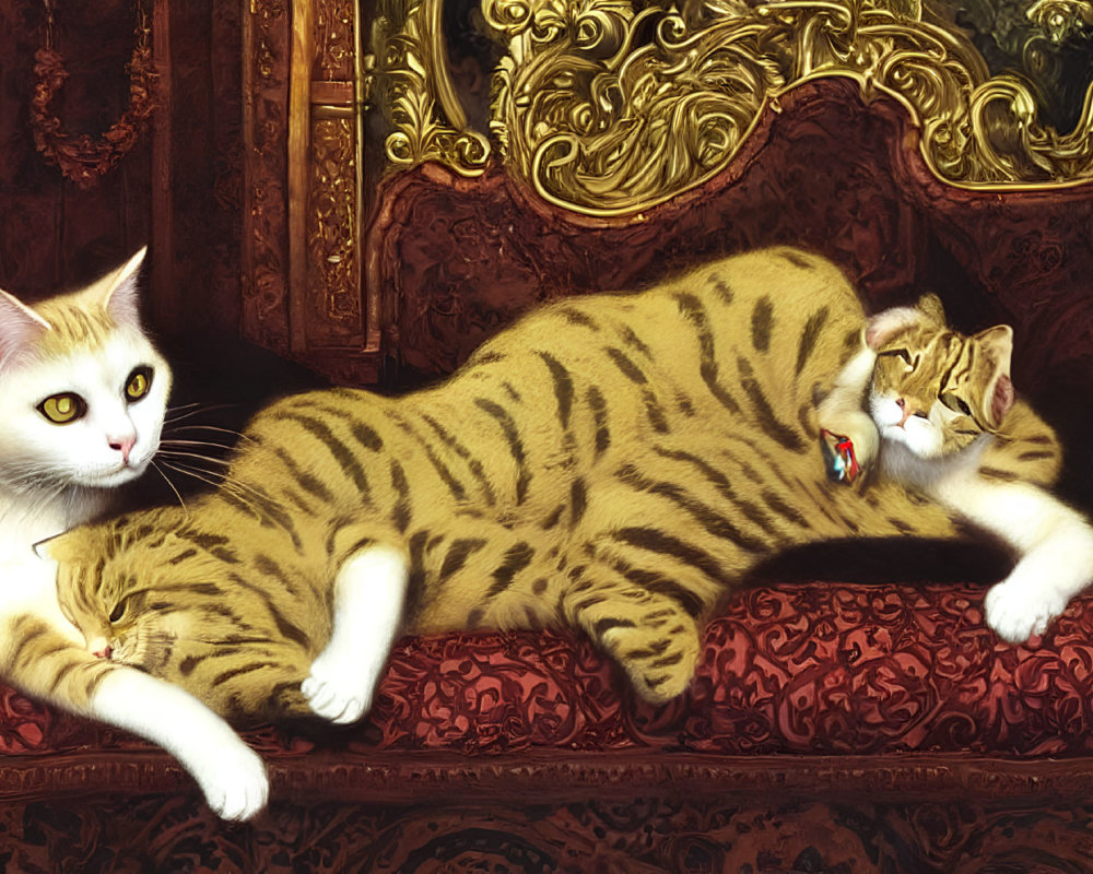 Two Cats Relaxing on Red and Gold Sofa: White Cat Alert, Striped Cat Playing with Toy